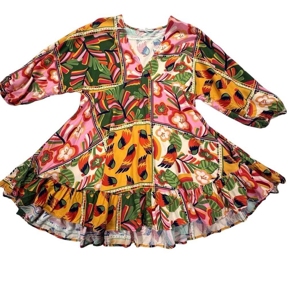 Label of Love Womens Mini Dress Relaxed Multi Tropical Patchwork Bird Print‎ M